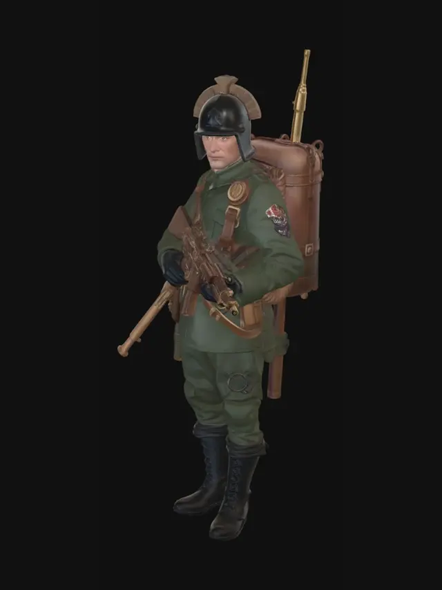 3D model for prussian inspired basic infantry steampunk with rifle and backpack, stalhelm-like helmet for tabletop wargame, male no face mask, clockwork gadgets