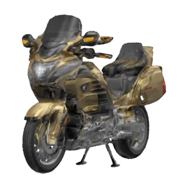 3D model for Create a detailed 3D model of the 2023 Honda Goldwing. Include large sleek LED headlights, dual side exhausts, ergonomic handlebars with integrated digital controls, a rounded aerodynamic fuel tank, and a high-comfort leather seat. Add a rear luggage system with built-in lights, modern alloy wheels with wide tires, and a strong rear suspension. Use metallic paint with scratch-resistant surfaces for a premium finish.