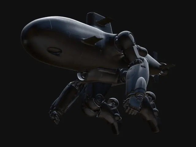 3D model for 잠수함 모티브의 140m 초대형 메카닉 로봇 3D 모델. 심리스하고 퓨처리즘 디자인으로, 매끄럽고 모놀리식하며 유선형의 압도적인 형태가 특징이다. 견고한 초고강도 합금 재질은 깊은 다크 그레이 색상에 은은한 메탈릭 광택을 띠며, 표면은 섬세하고 매끄러운 질감을 지닌다. 극도로 절제된 현실적인 라이팅이 거대한 로봇의 위용을 강조한다. 만지면 차갑고 압도적인 강인함이 느껴진다.