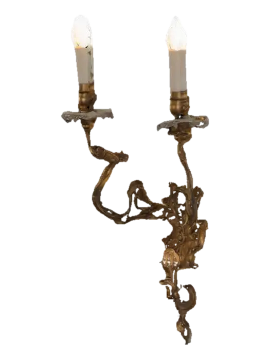 3D-модель Ornate, scrolling brass wall sconce with two electric fake candles holders. Ethereal… - Interiors, згенерована ШІ
