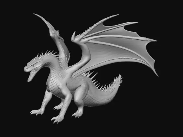 3D model for a huge dragon with a big wingspan that is standing on its own 4 feet, its mouth open and it's poised to attack with its fire if needed to protect its self.