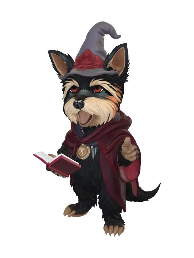 um cachorro yorkshire terrier como se fosse um bruxo. um mago de fogo. ele esta em pe… 3D model, vytvořený pomocí AI