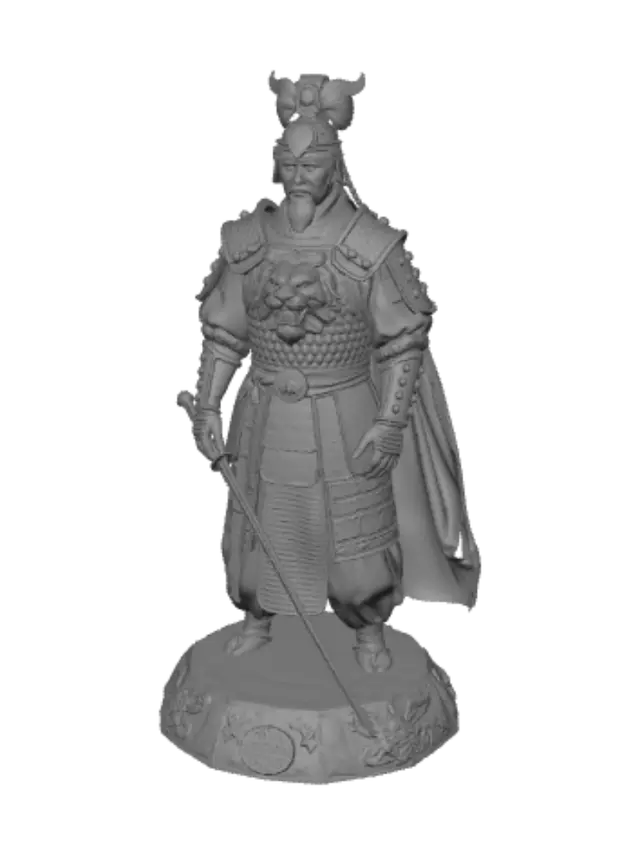 3D model for A full-body Goryeo dynasty general, 40s Korean male, serious battle-ready face, proportional head, wearing black and red lamellar armor with large golden lion head chest plate and shoulder plates, hammered iron texture, black lamellar laced with red cords, leopard-pattern leather apron with red and gold trim, red horsehair helmet with golden lion ornament, wearing a very long oriental janggeom cavalry longsword at left waist, handle wrapped with black ray-skin and gold dragon pommel, scabbard is black lacquered wood with intricate gold inlaid dragon and cloud oriental patterns, antique gold fittings, photorealistic, ultra-detailed, 8K, PBR, battle-worn metal and leather, pure white background, full body A-pose slightly angled 15 degrees
Negative: cartoon, anime, plastic, toy, dwarf, big he