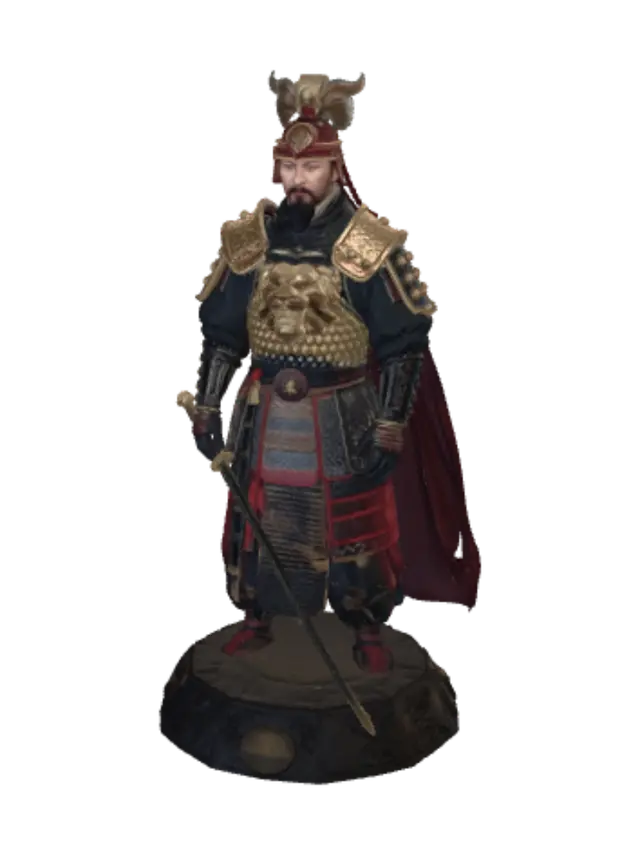 3D model for A full-body Goryeo dynasty general, 40s Korean male, serious battle-ready face, proportional head, wearing black and red lamellar armor with large golden lion head chest plate and shoulder plates, hammered iron texture, black lamellar laced with red cords, leopard-pattern leather apron with red and gold trim, red horsehair helmet with golden lion ornament, wearing a very long oriental janggeom cavalry longsword at left waist, handle wrapped with black ray-skin and gold dragon pommel, scabbard is black lacquered wood with intricate gold inlaid dragon and cloud oriental patterns, antique gold fittings, photorealistic, ultra-detailed, 8K, PBR, battle-worn metal and leather, pure white background, full body A-pose slightly angled 15 degrees
Negative: cartoon, anime, plastic, toy, dwarf, big he