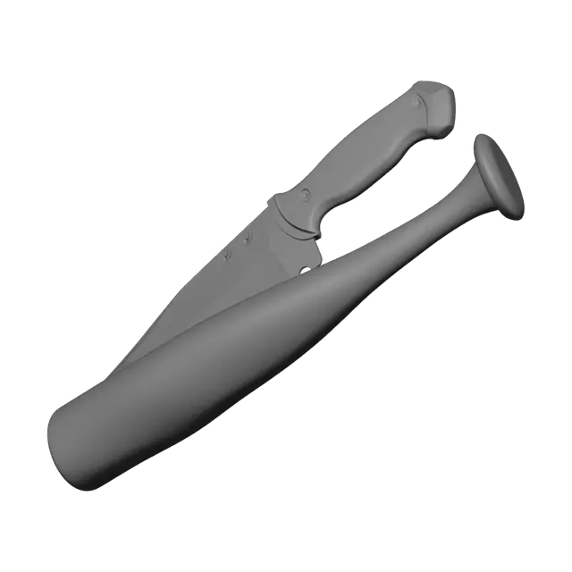 3D model for Crie um modelo 3D contendo 2 armas corpo a corpo para um jogo em mundo aberto urbano.

### Estilo
- Realista estilizado, ~3k-5k triângulos cada
- Texturas PBR em atlas compartilhado 2048x2048
- Posicionadas lado a lado no eixo X, espaçadas 1.5 unidades

### Arma 1 — Faca Tática (esquerda)
- Lâmina fixa estilo faca de combate (tanto)
- Lâmina de aço 18cm com serrilha parcial na borda superior
- Cabo emborrachado preto com guarda-mão (crossguard)
- Bainha tática (opcional, highlight separado)
- Massa: ~400g
- Acabamento: aço escovado (lâmina) + polímero preto (cabo)

### Arma 2 — Taco de Beisebol (direita)
- Taco de madeira clássico (ash/bétula)
- Cabo fino com fita adesiva preta (grip tape)
- Corpo cilíndrico com leve curvatura
- Massa: ~900g
- Acabamento: madeira natural envernizada (marro