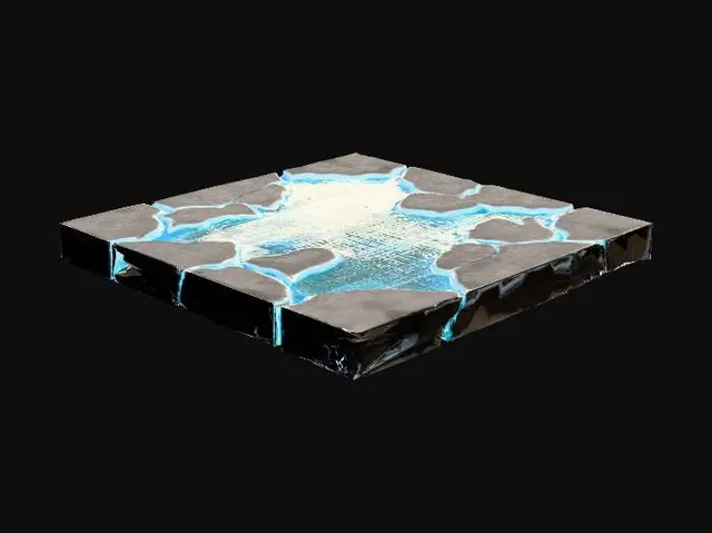 3D model for Black, matrix with Cracks showing Data, and is Square shaped floor. with Floor on top showing the matrix below it.