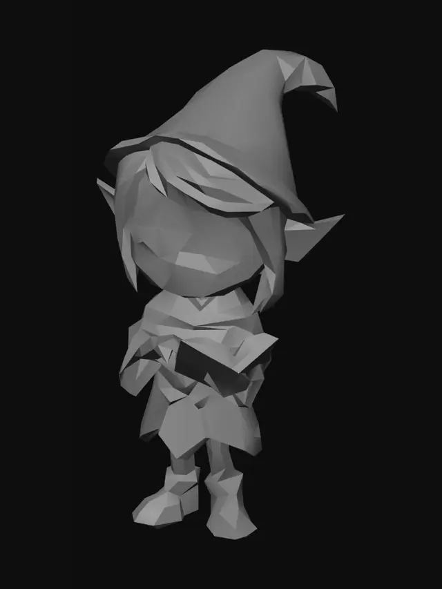 3D model for A chibi fantasy elf shopkeeper NPC 3D model for a Roblox game. Cute chibi proportions: very large round head, tiny slim body, big shiny eyes, long pointy ears, small delicate arms and legs. She has short pastel purple hair and a gentle warm smile. She wears a cute magical outfit: a tiny blue and violet robe with glowing star patterns, a small pointy witch hat with a glowing gem on it. She holds a tiny glowing spellbook in one hand with magical sparkles floating around her. Her free hand is open and extended forward as if welcoming the player. Color palette: deep blue, soft violet and bright cyan glowing accents. Soft cel-shaded cartoon style, clean smooth surfaces. Neutral A-pose. Isolated on transparent background.absolutely nothing on the top surface, completely bare and flat grass only