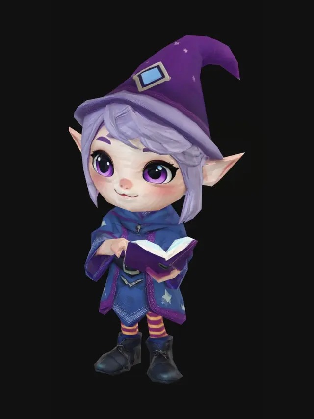 3D model for A chibi fantasy elf shopkeeper NPC 3D model for a Roblox game. Cute chibi proportions: very large round head, tiny slim body, big shiny eyes, long pointy ears, small delicate arms and legs. She has short pastel purple hair and a gentle warm smile. She wears a cute magical outfit: a tiny blue and violet robe with glowing star patterns, a small pointy witch hat with a glowing gem on it. She holds a tiny glowing spellbook in one hand with magical sparkles floating around her. Her free hand is open and extended forward as if welcoming the player. Color palette: deep blue, soft violet and bright cyan glowing accents. Soft cel-shaded cartoon style, clean smooth surfaces. Neutral A-pose. Isolated on transparent background.absolutely nothing on the top surface, completely bare and flat grass only