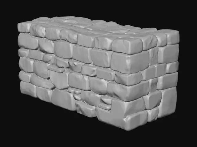 3D model for A low, ruined stone wall made of uneven rectangular sandstone blocks, crumbling top edge, used as cover, desert environment asset, realistic textures