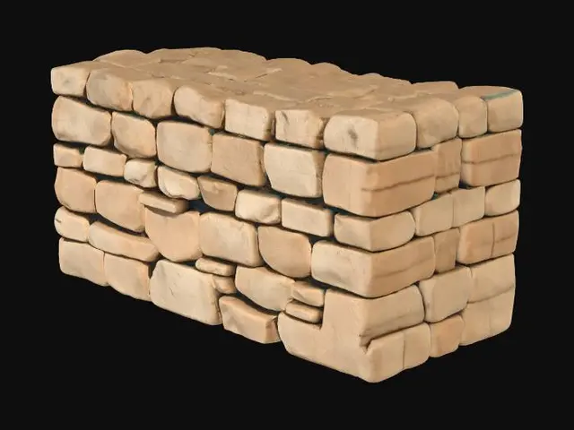 3D model for A low, ruined stone wall made of uneven rectangular sandstone blocks, crumbling top edge, used as cover, desert environment asset, realistic textures