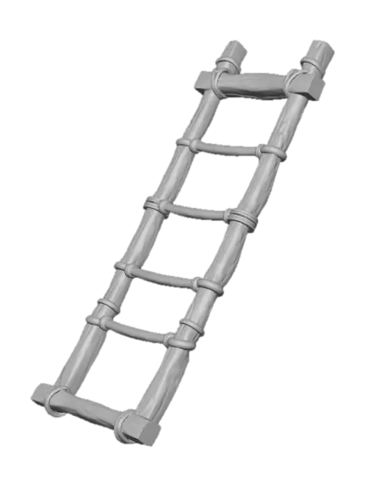 3D model for [High Detailed, PBR 3D Model] An ancient, distressed wooden ladder leaning against an adobe wall. Splintered, sun-bleached wood with worn rungs. Ropes and leather bindings. Optimized for FPS game parkour, realistic weathering, low poly geometry, clean topology.