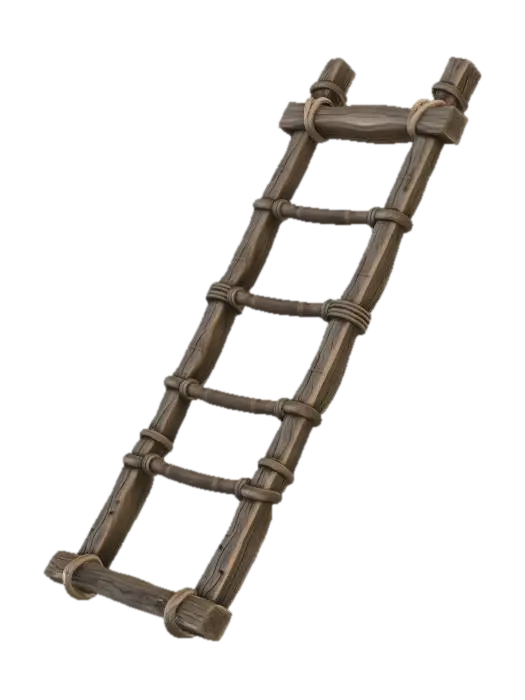 3D model for [High Detailed, PBR 3D Model] An ancient, distressed wooden ladder leaning against an adobe wall. Splintered, sun-bleached wood with worn rungs. Ropes and leather bindings. Optimized for FPS game parkour, realistic weathering, low poly geometry, clean topology.