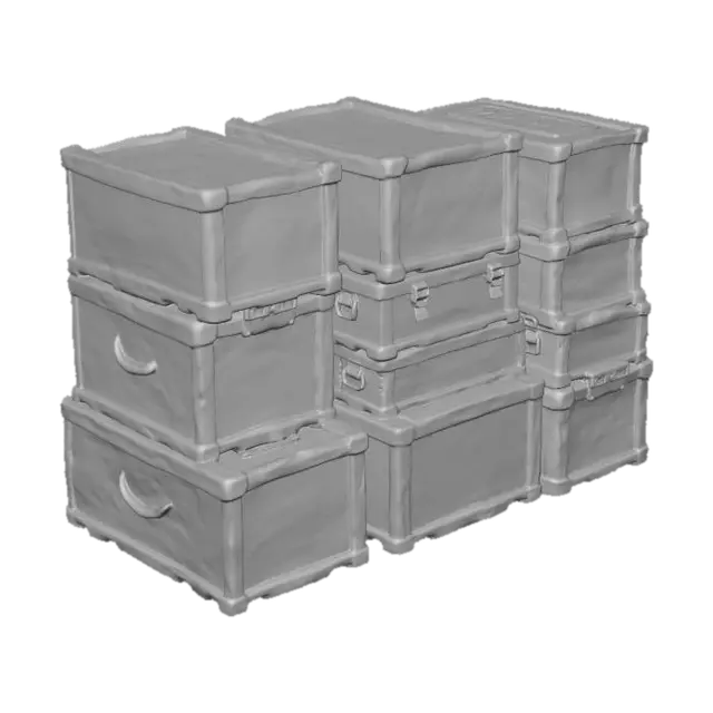3D model for [High Detailed, PBR 3D Model Asset Pack] A pack of stacked weathered wooden crates of varying sizes. Aged, splintered wood with stenciled antique trade markings. Ropes tied around some crates, distressed metal latches. Optimized for FPS game cover, stackable, realistic weathering, low poly.
