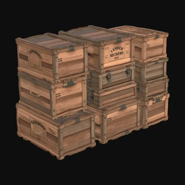 3D model for [High Detailed, PBR 3D Model Asset Pack] A pack of stacked weathered wooden crates of varying sizes. Aged, splintered wood with stenciled antique trade markings. Ropes tied around some crates, distressed metal latches. Optimized for FPS game cover, stackable, realistic weathering, low poly.