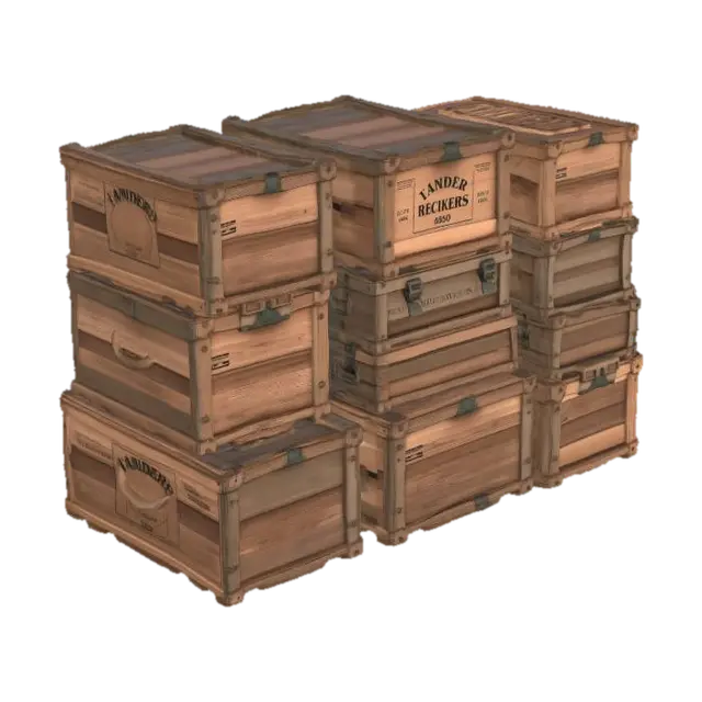 3D model for [High Detailed, PBR 3D Model Asset Pack] A pack of stacked weathered wooden crates of varying sizes. Aged, splintered wood with stenciled antique trade markings. Ropes tied around some crates, distressed metal latches. Optimized for FPS game cover, stackable, realistic weathering, low poly.