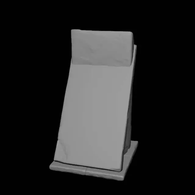 3D model for Architecture concept Monumental contemporary sacred sculpture inspired by the axe and spear of Saint Matthias, replacement apostle. Vertical white marble monolith with a dramatic diagonal spear-like apex and a broad axe-shaped carved void integrated into the center. Brutalist architectural abstraction, strong angular geometry, deep shadows, sacred crypt installation, powerful symbolic continuity and divine succession.