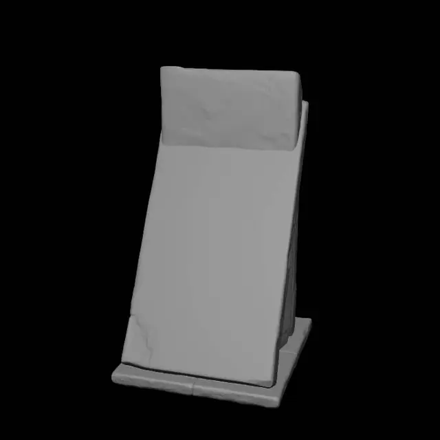 3D model for Architecture concept Monumental contemporary sacred sculpture inspired by the axe and spear of Saint Matthias, replacement apostle. Vertical white marble monolith with a dramatic diagonal spear-like apex and a broad axe-shaped carved void integrated into the center. Brutalist architectural abstraction, strong angular geometry, deep shadows, sacred crypt installation, powerful symbolic continuity and divine succession.