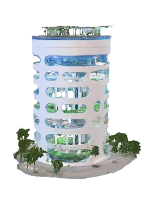Modello 3D A futuristic cylindrical multi-level building for storing, growing, and selling fruits… - Solar, generato dall’IA