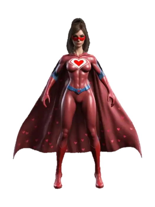 3D model for A tall superhero Woman with LOVE as symbol, Game Assets, Highly Detailed, Ultra Realistic, Body, A-pose, Full Body, ARMS AWAY FROM THE BODY , detailed, #valentine#