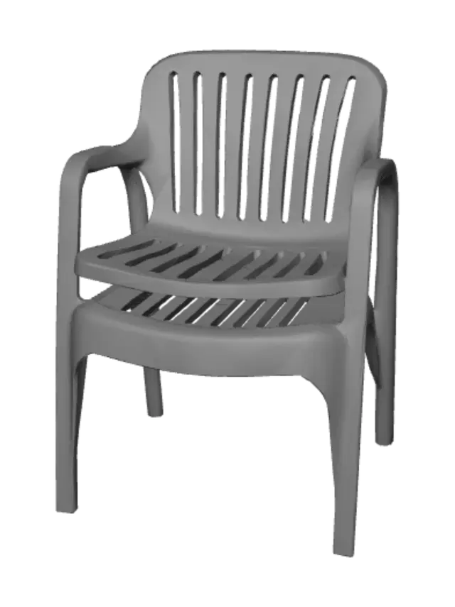 3D model for Single photorealistic 1980s stackable indoor pool chair, pale cyan injection-moulded polypropylene, approximately 0.56 m wide and 0.82 m high, slotted seat and back for water drainage, realistic wall thickness, underside reinforcement ribs, mould seams and rubber foot caps, slightly warped rear leg, chlorine fading, fine scratches, damp glossy patches and dark grime inside slots, believable weight and construction, liminal horror atmosphere with no fantasy elements, 8k-16k triangles, clean UVs, PBR 2K textures, pivot at floor centre, chair faces +Z.