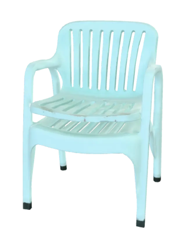 3D model for Single photorealistic 1980s stackable indoor pool chair, pale cyan injection-moulded polypropylene, approximately 0.56 m wide and 0.82 m high, slotted seat and back for water drainage, realistic wall thickness, underside reinforcement ribs, mould seams and rubber foot caps, slightly warped rear leg, chlorine fading, fine scratches, damp glossy patches and dark grime inside slots, believable weight and construction, liminal horror atmosphere with no fantasy elements, 8k-16k triangles, clean UVs, PBR 2K textures, pivot at floor centre, chair faces +Z.
