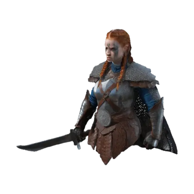a 16th-century warrior woman in a dynamic combat stance. She has a muscular… - Gentileschi 3D model, vytvořený pomocí AI