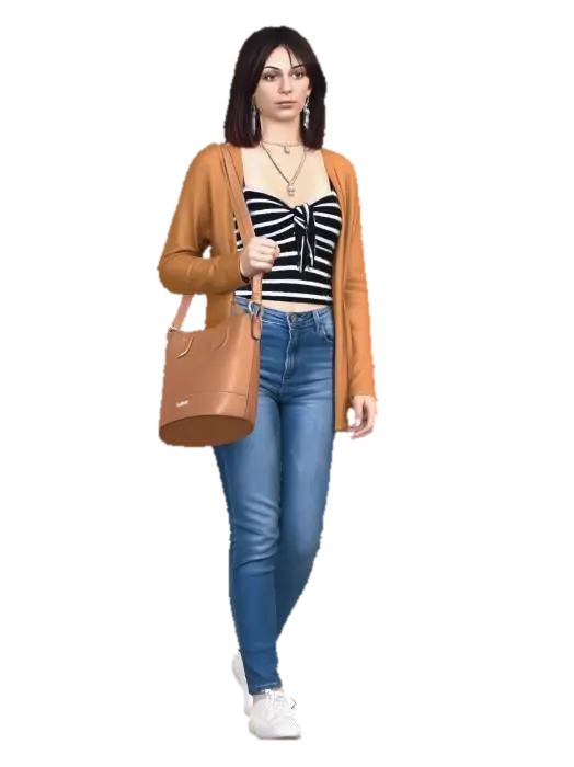 Casual Chic Striped Crop Top with Camel Cardigan 3D model, vytvořený pomocí AI