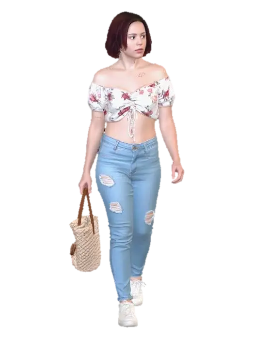 Floral Off-Shoulder Crop Top Look 3D model, vytvořený pomocí AI