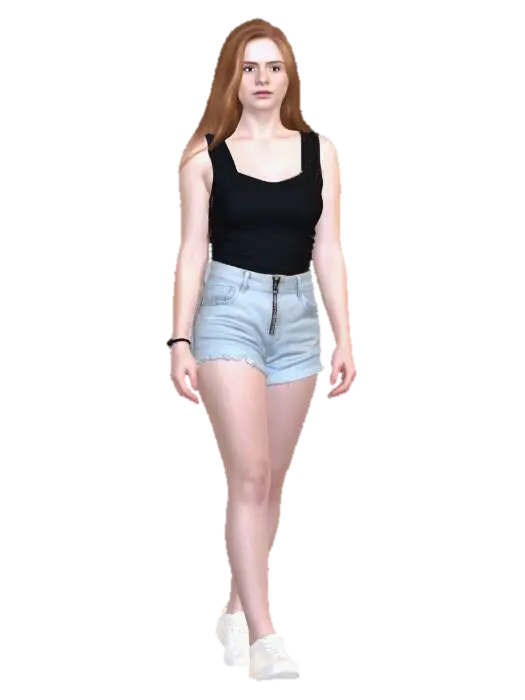 Redhead in Black Tank and Denim Shorts 3D model, vytvořený pomocí AI