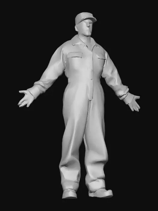 3D model for I want a 3D NPC. It is in Chicago in 1930. He is a mechanic. Age is around 40. He is medium tall well build has Italian heritage. He is wearing his working Coverall That is gray. He has a little beard. And a hat. On his back he has the ford logo.  Also very important to keep the 1930 look