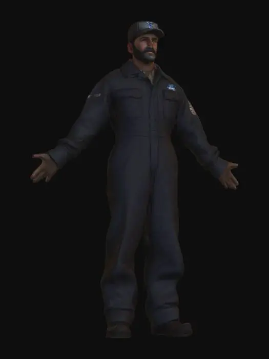 3D model for I want a 3D NPC. It is in Chicago in 1930. He is a mechanic. Age is around 40. He is medium tall well build has Italian heritage. He is wearing his working Coverall That is gray. He has a little beard. And a hat. On his back he has the ford logo.  Also very important to keep the 1930 look