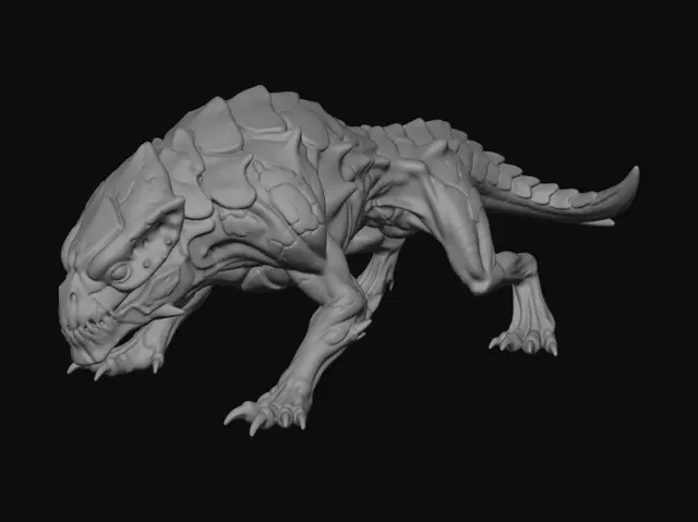 3D model for Stylized fantasy 3D creature, STRICTLY NON-HUMANOID, STRICTLY QUADRUPED. A mutated fusion of two real animals (mammal, reptile, or insect) with a pure animal body plan: horizontal spine, elongated torso, head forward, four equal load-bearing legs, never upright. Must look like a real animal altered by mutation, not a demon or humanoid monster. Dark and evil tone shown through biological mutation and surface corruption, not fantasy forms: cracked or petrified skin, warped bones under the surface, uneven natural plates, scars, infected veins, asymmetry, sunken or glowing eyes. NO humanoid traits: no biped stance, no human torso, shoulders, chest, arms, hands, fingers, or human face. NO spikes, horns, fur, hair, or quills. High-detail stylized sculpt, game-ready, full body, clean topology