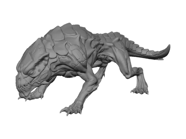 3D model for Stylized fantasy 3D creature, STRICTLY NON-HUMANOID, STRICTLY QUADRUPED. A mutated fusion of two real animals (mammal, reptile, or insect) with a pure animal body plan: horizontal spine, elongated torso, head forward, four equal load-bearing legs, never upright. Must look like a real animal altered by mutation, not a demon or humanoid monster. Dark and evil tone shown through biological mutation and surface corruption, not fantasy forms: cracked or petrified skin, warped bones under the surface, uneven natural plates, scars, infected veins, asymmetry, sunken or glowing eyes. NO humanoid traits: no biped stance, no human torso, shoulders, chest, arms, hands, fingers, or human face. NO spikes, horns, fur, hair, or quills. High-detail stylized sculpt, game-ready, full body, clean topology
