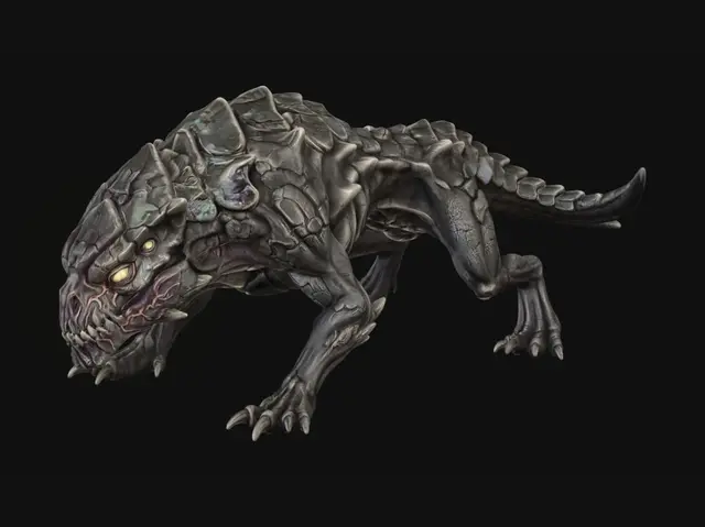 3D model for Stylized fantasy 3D creature, STRICTLY NON-HUMANOID, STRICTLY QUADRUPED. A mutated fusion of two real animals (mammal, reptile, or insect) with a pure animal body plan: horizontal spine, elongated torso, head forward, four equal load-bearing legs, never upright. Must look like a real animal altered by mutation, not a demon or humanoid monster. Dark and evil tone shown through biological mutation and surface corruption, not fantasy forms: cracked or petrified skin, warped bones under the surface, uneven natural plates, scars, infected veins, asymmetry, sunken or glowing eyes. NO humanoid traits: no biped stance, no human torso, shoulders, chest, arms, hands, fingers, or human face. NO spikes, horns, fur, hair, or quills. High-detail stylized sculpt, game-ready, full body, clean topology