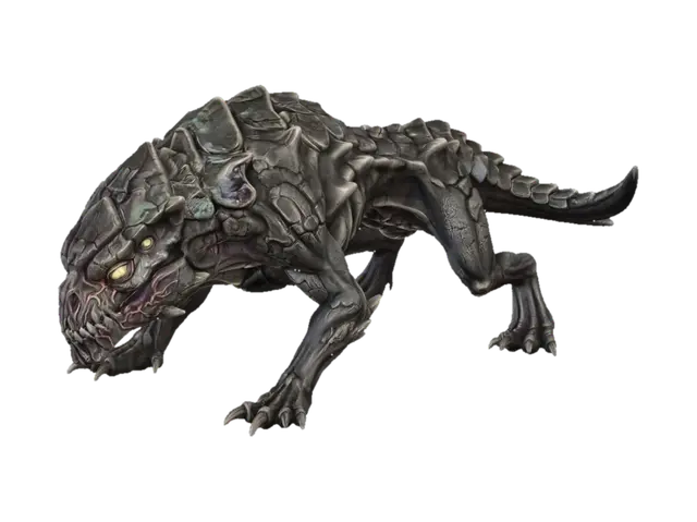 3D model for Stylized fantasy 3D creature, STRICTLY NON-HUMANOID, STRICTLY QUADRUPED. A mutated fusion of two real animals (mammal, reptile, or insect) with a pure animal body plan: horizontal spine, elongated torso, head forward, four equal load-bearing legs, never upright. Must look like a real animal altered by mutation, not a demon or humanoid monster. Dark and evil tone shown through biological mutation and surface corruption, not fantasy forms: cracked or petrified skin, warped bones under the surface, uneven natural plates, scars, infected veins, asymmetry, sunken or glowing eyes. NO humanoid traits: no biped stance, no human torso, shoulders, chest, arms, hands, fingers, or human face. NO spikes, horns, fur, hair, or quills. High-detail stylized sculpt, game-ready, full body, clean topology