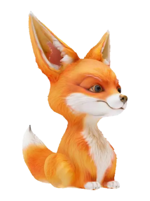 3D model for Fantasy, Highly Detailed, Ultra Realistic, Bust, The object features a headpiece with fox-like ears and fur, having a pointed, triangular geometry with a soft, fluffy texture, blending warm orange and white colors., 