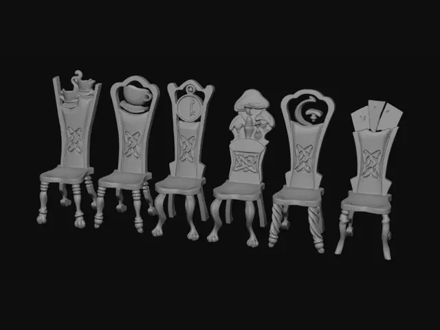3D model for a set of 6 whimsical alice-in-wonderland style chairs for a dinner table