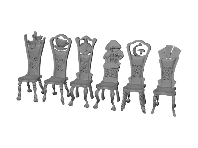 3D model for a set of 6 whimsical alice-in-wonderland style chairs for a dinner table
