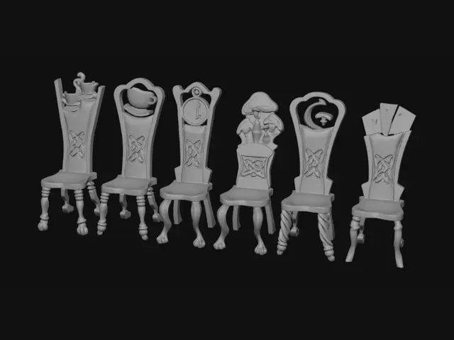 3D model for a set of 6 whimsical alice-in-wonderland style chairs for a dinner table