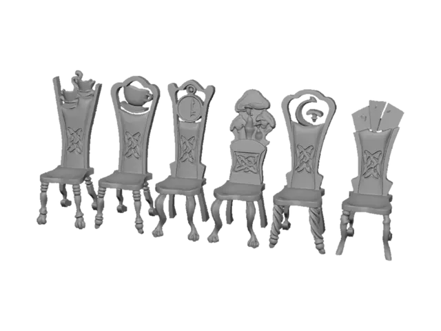3D model for a set of 6 whimsical alice-in-wonderland style chairs for a dinner table