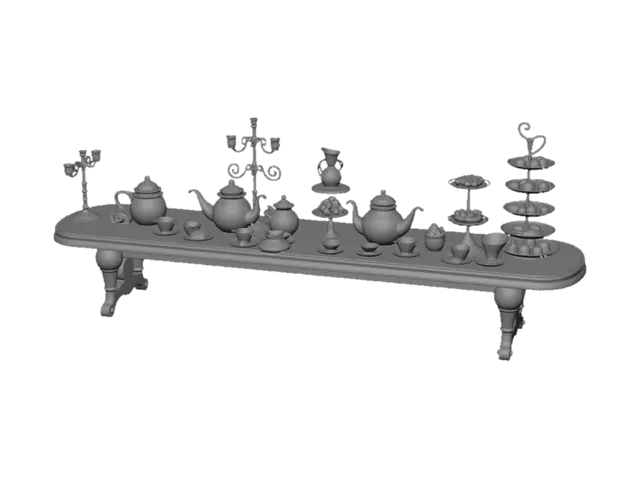 3D model for an alice-in-wonderland style long table with various oddly shaped teapots and teacups, with some stacks of teacups, and candelabras, with some tiered dessert trays