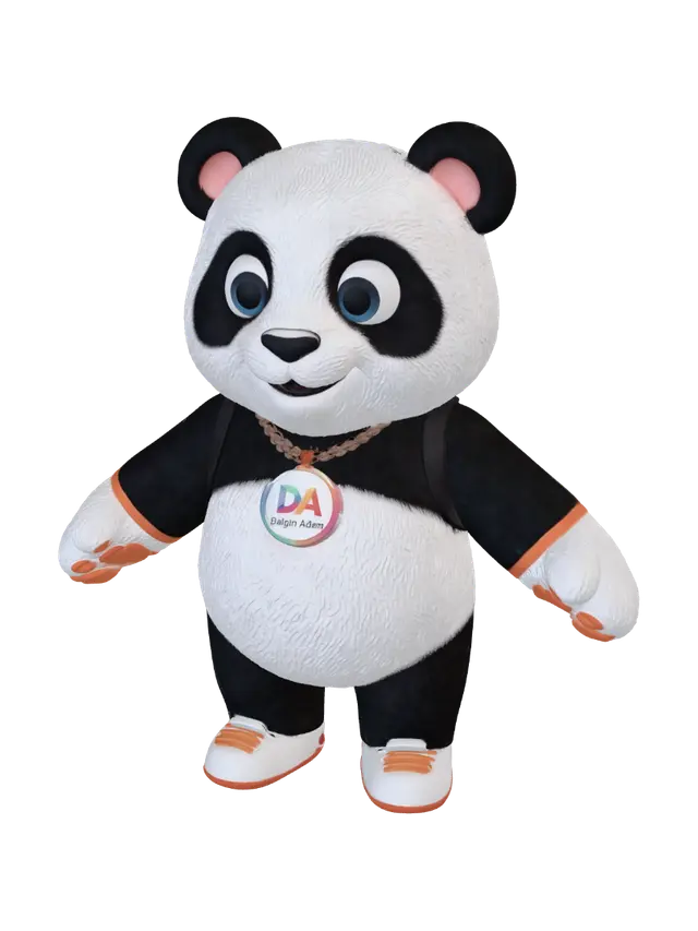 Dalgin Adam Panda Mascot 3D-model, gegenereerd door AI