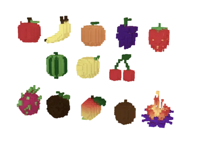 Voxel Fruits: Common and Exotic - Stud 3D-model, gegenereerd door AI