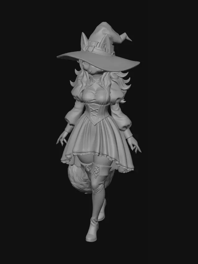 3D model for The image shows a fox woman with long red hair wearing a black dress walking through a forest. She is surrounded by trees, plants, and leaves on the ground, and the sky is visible in the background. 1girl, solo, long hair, looking at viewer, long sleeves, dress, standing, full body, outdoors, red hair, boots, puffy sleeves, black dress, thigh boots, nature, forest, witch, 1girl, furry, furry female, animal ears, fox face
