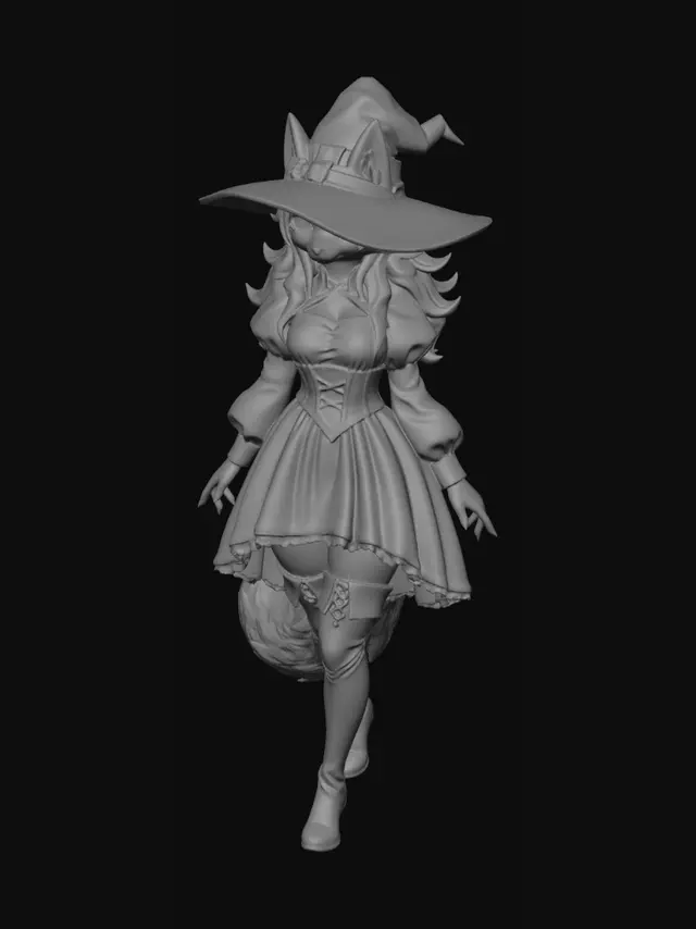 3D model for The image shows a fox woman with long red hair wearing a black dress walking through a forest. She is surrounded by trees, plants, and leaves on the ground, and the sky is visible in the background. 1girl, solo, long hair, looking at viewer, long sleeves, dress, standing, full body, outdoors, red hair, boots, puffy sleeves, black dress, thigh boots, nature, forest, witch, 1girl, furry, furry female, animal ears, fox face