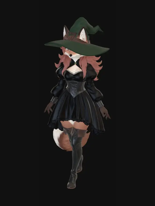 3D model for The image shows a fox woman with long red hair wearing a black dress walking through a forest. She is surrounded by trees, plants, and leaves on the ground, and the sky is visible in the background. 1girl, solo, long hair, looking at viewer, long sleeves, dress, standing, full body, outdoors, red hair, boots, puffy sleeves, black dress, thigh boots, nature, forest, witch, 1girl, furry, furry female, animal ears, fox face