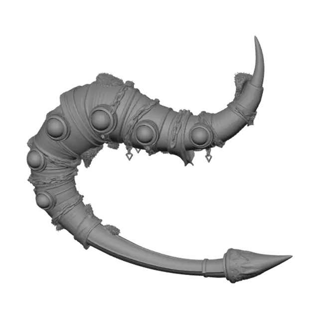3D model for Eldritch horror tail accessory for Roblox UGC. Compact lower-back waist attachment, long elegant S-curve floating away from body for universal avatar fit. Torn matte black bandage wraps over an ancient organic core, frayed edges, layered cloth, slim silhouette. Small watcher eyes embedded under wrappings, varied sizes, some half-hidden. Bright ivory sclera, muted deep-purple flesh accents. Thin oxidized black chains close to surface, one small occult talisman near tip. Cursed relic aesthetic, not demon tail, black background, product render.