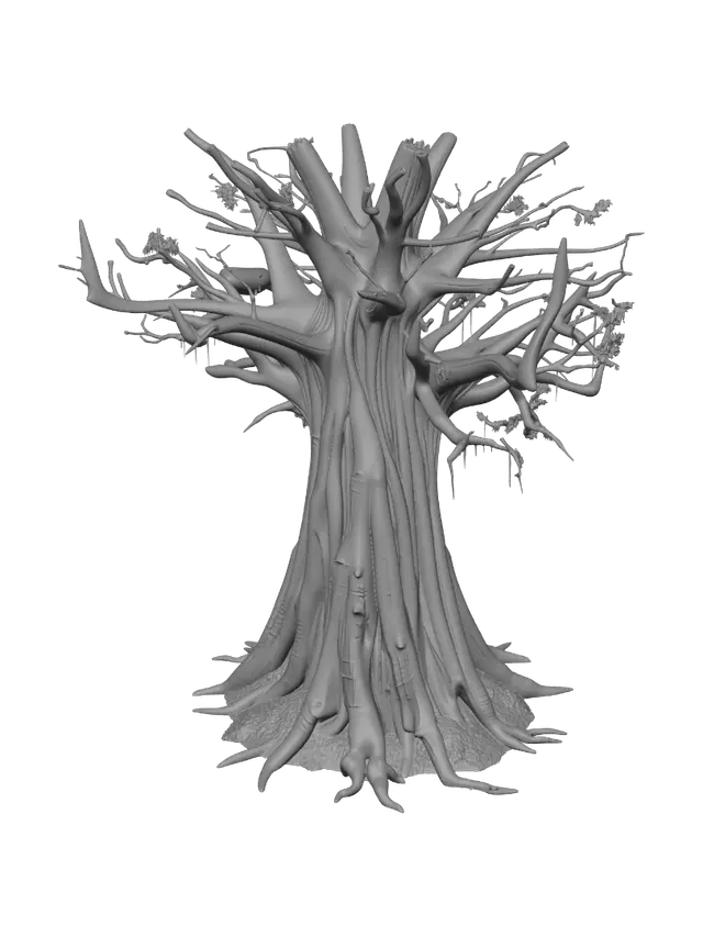 3D model for A colossal prehistoric jungle tree with a completely natural, uncut crown. The massive central trunk does NOT end abruptly; instead, it tapers naturally and splits organically at the top into a spectacular, chaotic crown of heavy main branches. These upper branches erupt into a dense, sprawling network of thousands of intricate, tangled smaller twigs, creating a highly detailed, messy canopy. Deep, rugged vertical bark ridges run all the way from the wide buttress roots up to the very tips of the topmost branches. Thick jungle vines and hanging moss wrap around the upper branches, adding to the untamed, ancient look. This is a photorealistic, asymmetrical 3D asset with high geometric complexity, optimized for a cinematic Jurassic world film scene.