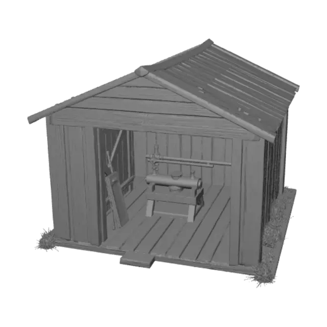 3D model for Low poly abandoned wooden shed, rusted metal hydraulic press inside, dilapidated, stylized game asset, isometric view.