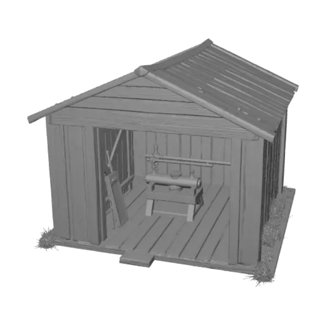 3D model for Low poly abandoned wooden shed, rusted metal hydraulic press inside, dilapidated, stylized game asset, isometric view.